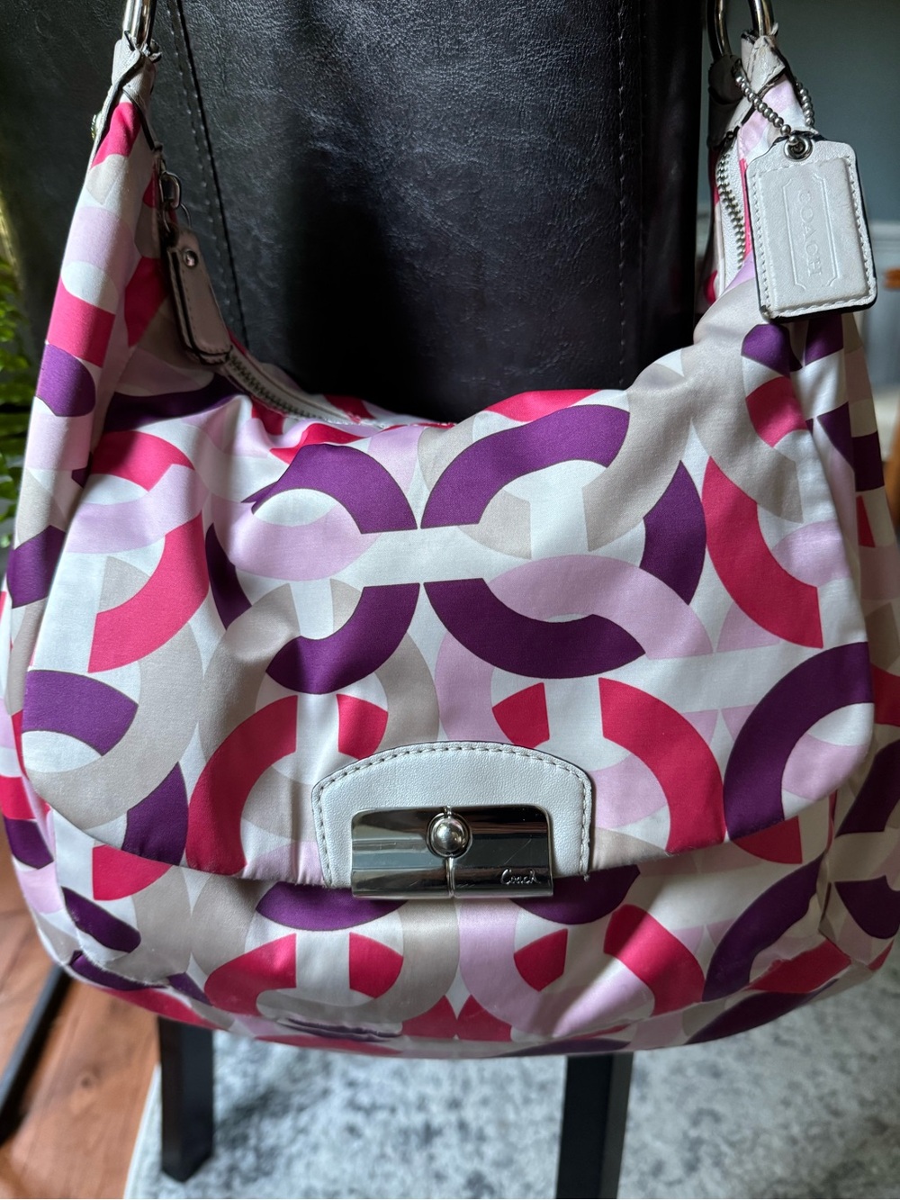 COACH Kristin Pink & Purple Signature Hobo Bag with Distressed Leather Strap